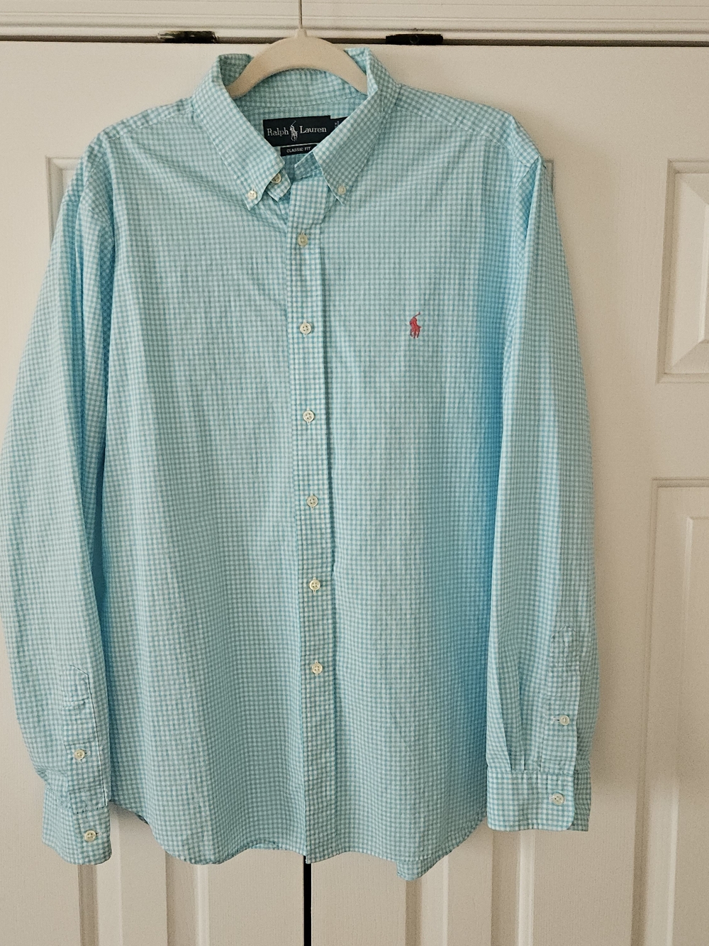 Ralph Lauren Classic Fit Men's XL Teal Blue/White Check Cotton Button-Down Shirt